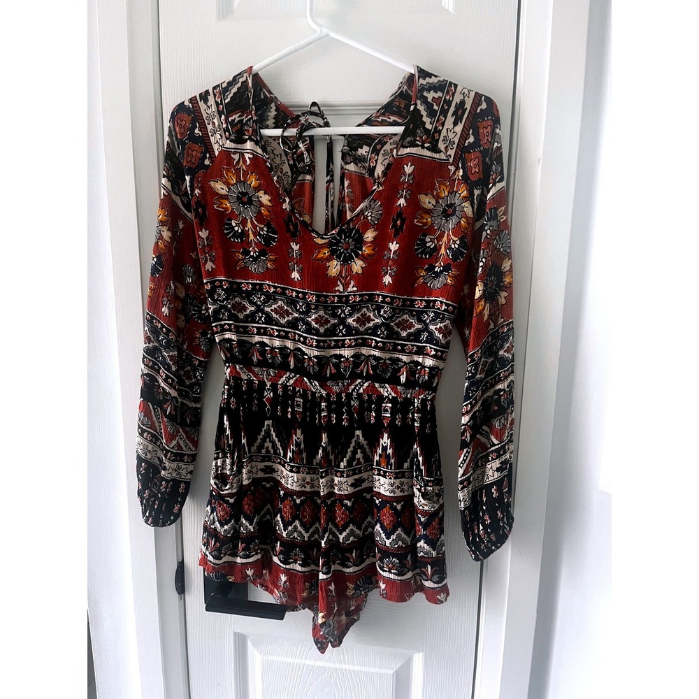 Billabong Womens Boho Floral Geometric Long Sleeve Romper Rust Tribal‎ Medium